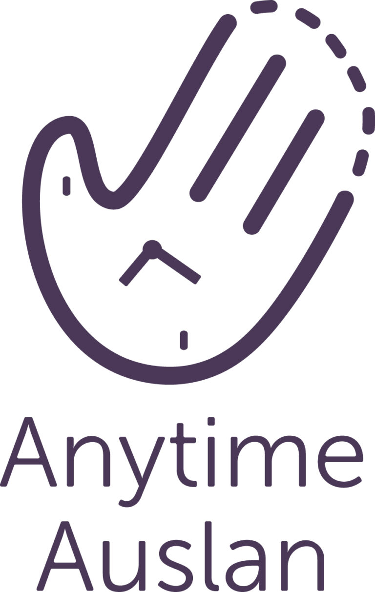 The Anytime Auslan logo is a combination of elements - a hand, with a clock displayed on the palm and Anytime Auslan in text underneath the icon.